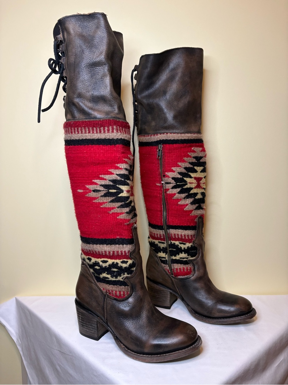 Freebird by Steven Brown Leather Over-the-Knee Boots with Red Aztec Knit Size 8
